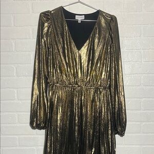 Lucy Paris Gold Metallic Long Sleeve Pleated Dress